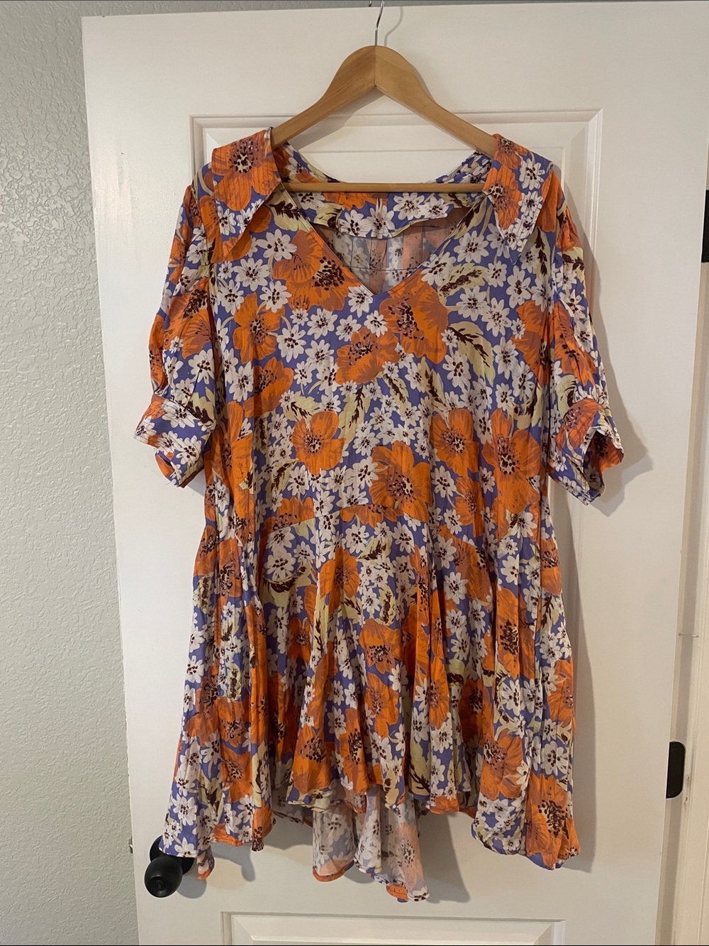 Free People Floral V-Neck Swing Tunic in Orange, Purple & Cream